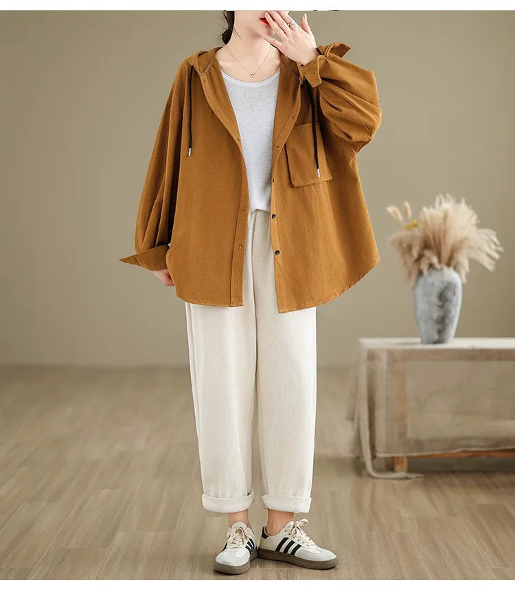 Retro Hooded Shirt Jacket with Patch Pocket and Button Front