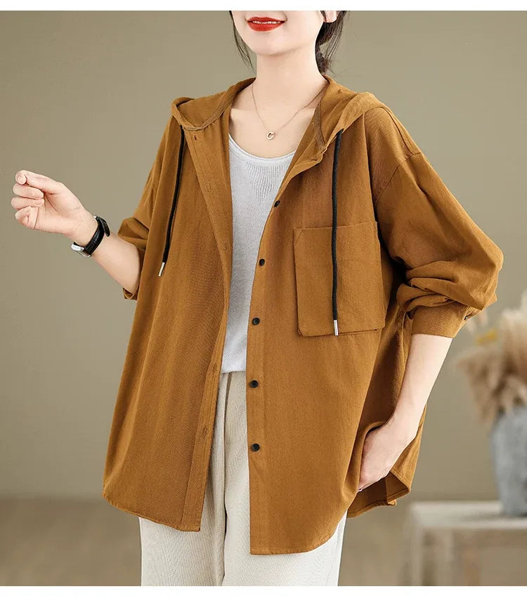Retro Hooded Shirt Jacket with Patch Pocket and Button Front
