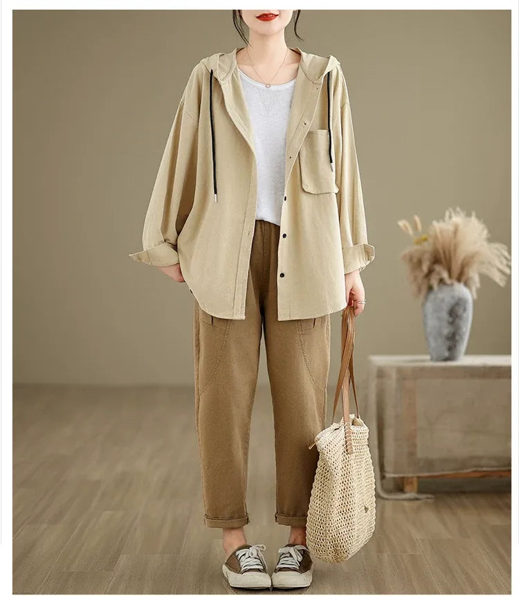 Retro Hooded Shirt Jacket with Patch Pocket and Button Front