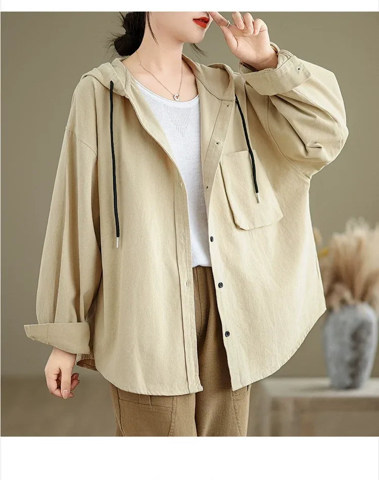 Retro Hooded Shirt Jacket with Patch Pocket and Button Front