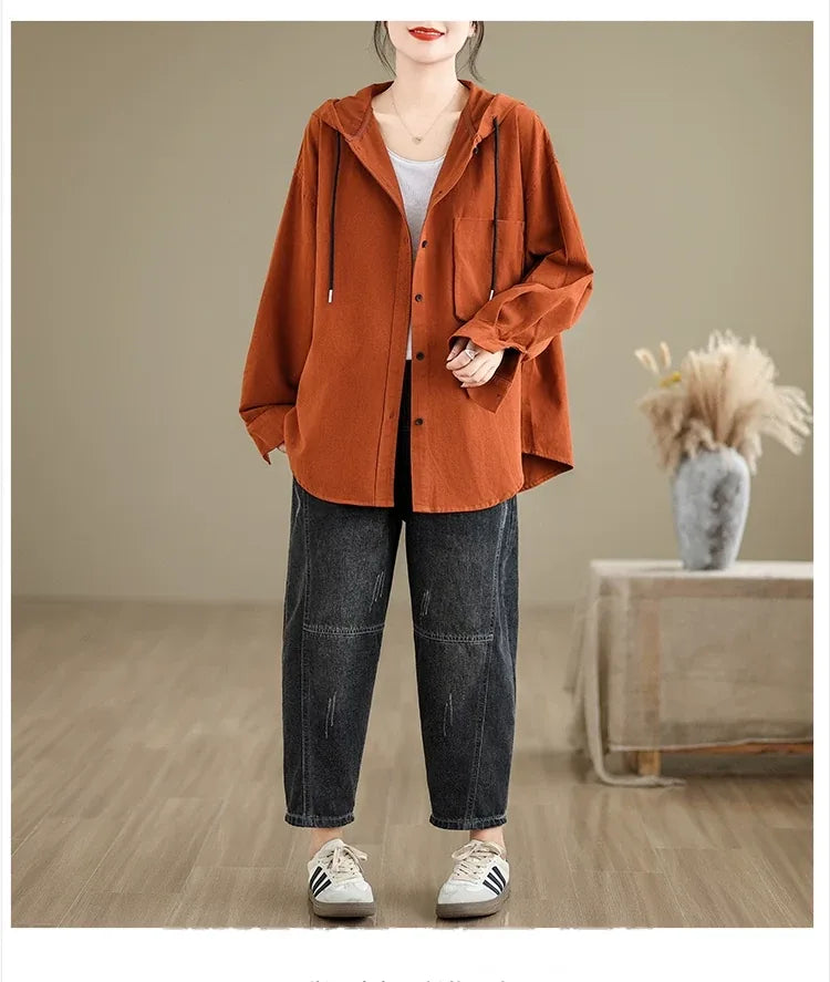 Retro Hooded Shirt Jacket with Patch Pocket and Button Front