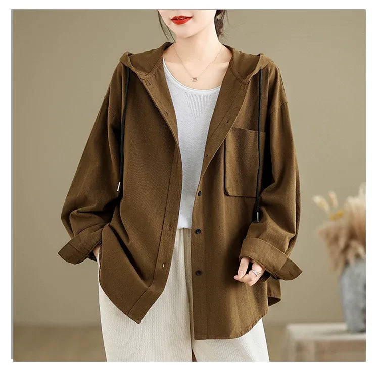 Retro Hooded Shirt Jacket with Patch Pocket and Button Front