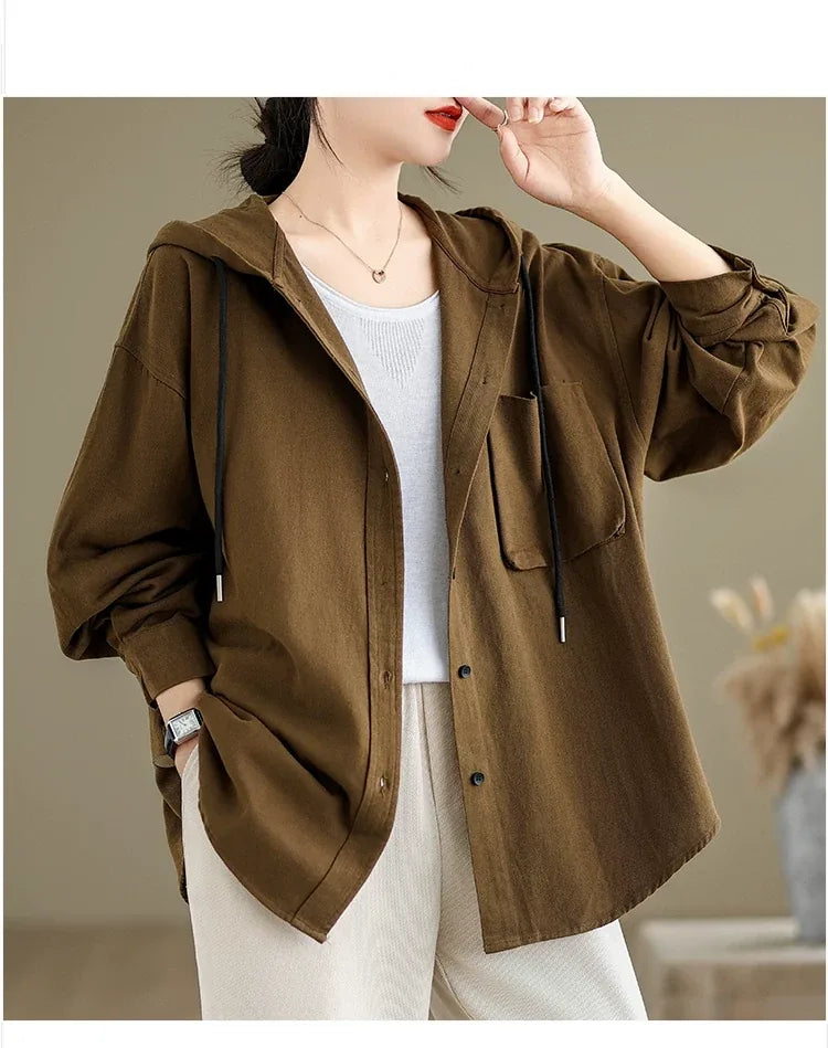 Retro Hooded Shirt Jacket with Patch Pocket and Button Front