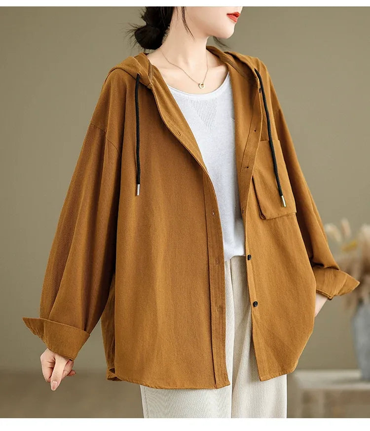 Retro Hooded Shirt Jacket with Patch Pocket and Button Front