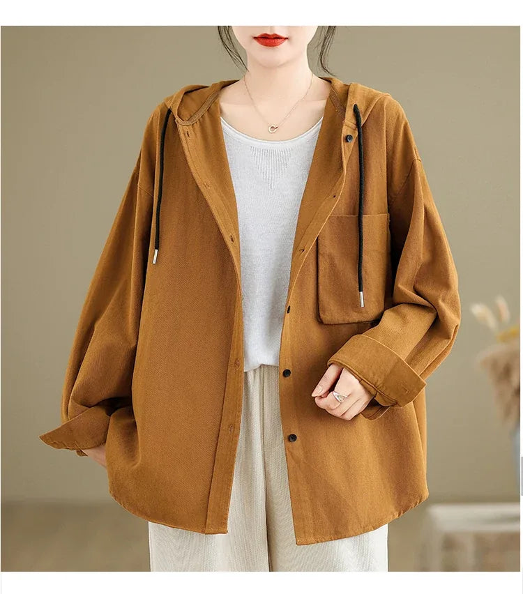 Retro Hooded Shirt Jacket with Patch Pocket and Button Front