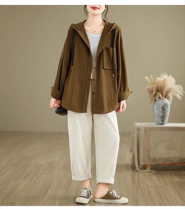 Retro Hooded Shirt Jacket with Patch Pocket and Button Front
