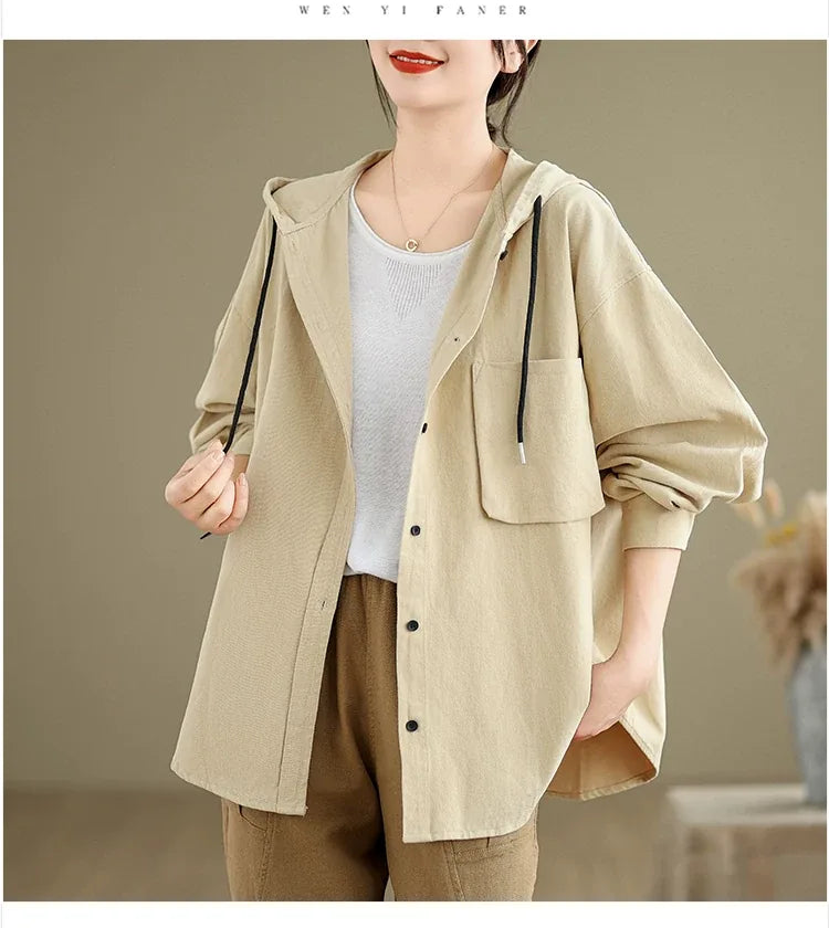 Retro Hooded Shirt Jacket with Patch Pocket and Button Front