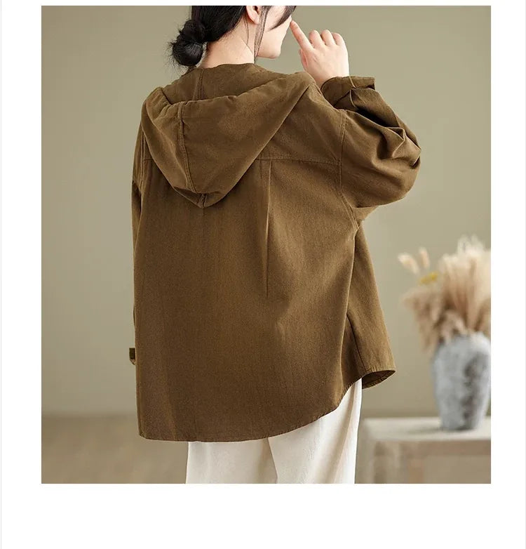 Retro Hooded Shirt Jacket with Patch Pocket and Button Front