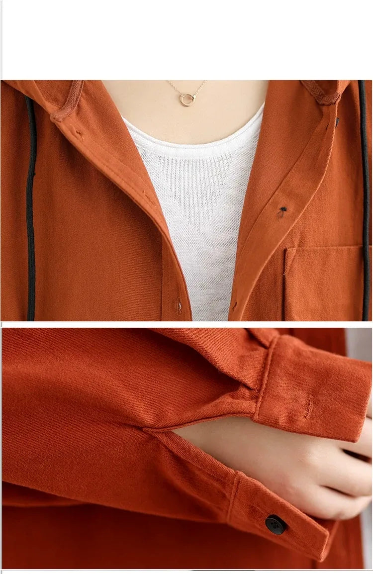 Retro Hooded Shirt Jacket with Patch Pocket and Button Front