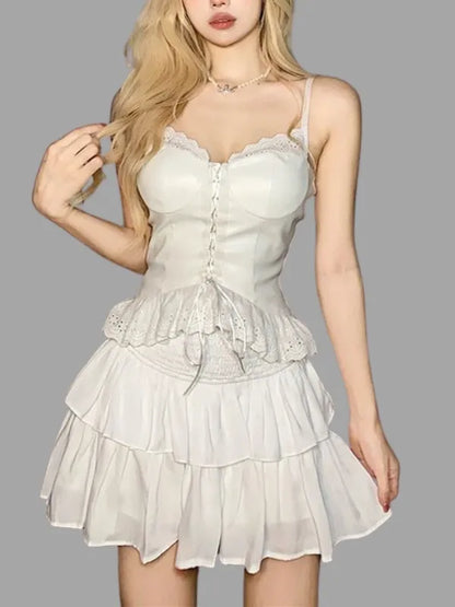 Retro Lace Trim Slim Cami Top Mini Skirt 2 Piece Set