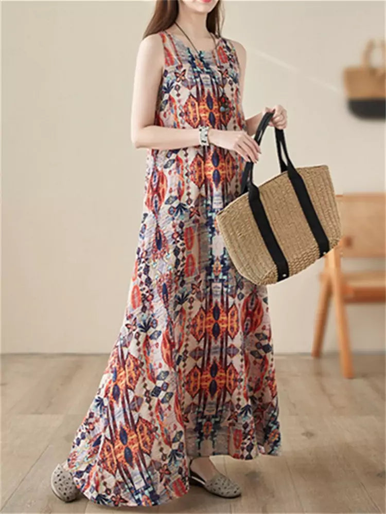 Chic O Neck Printed Loose Retro Ethnic Large Swing Strap Dress