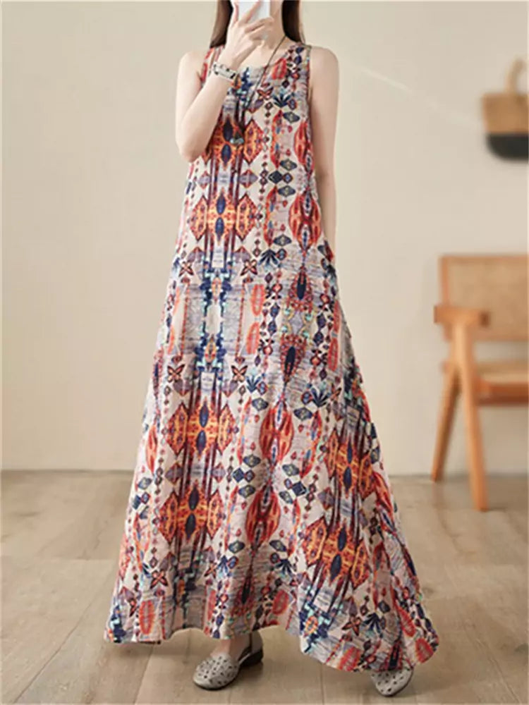 Chic O Neck Printed Loose Retro Ethnic Large Swing Strap Dress