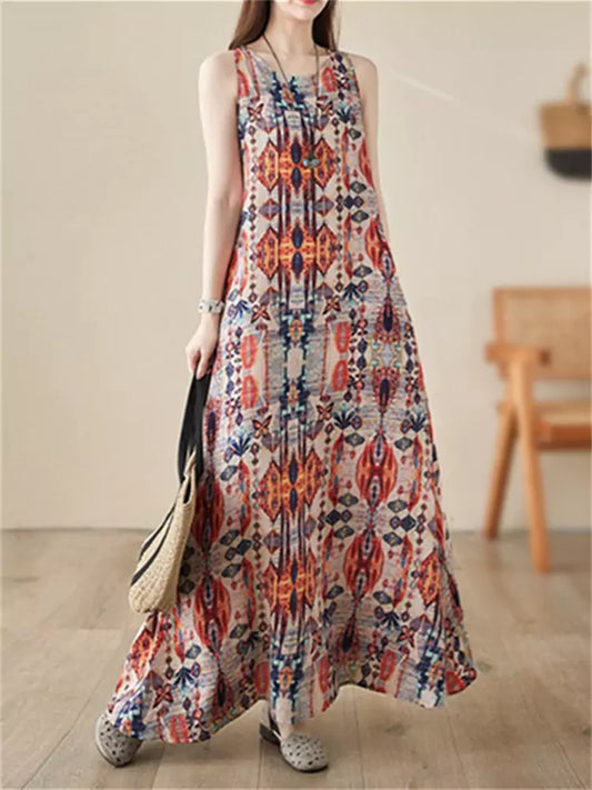 Chic O Neck Printed Loose Retro Ethnic Large Swing Strap Dress