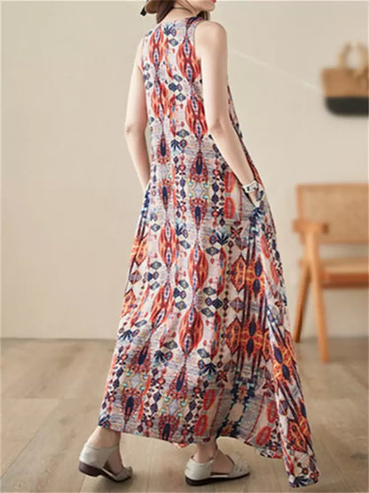 Vestido elegante con cuello redondo, estampado, holgado, estilo retro étnico, con tirantes grandes