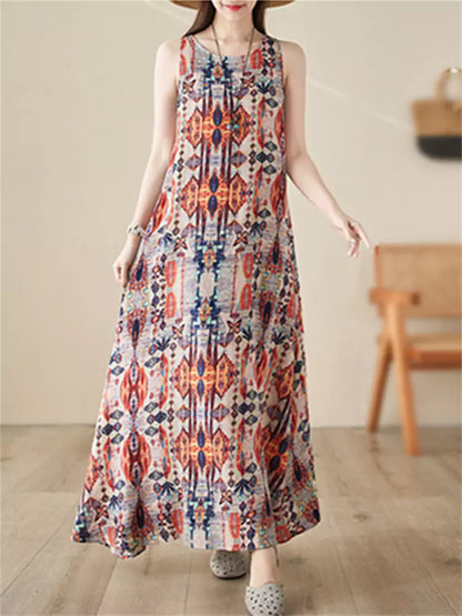 Vestido elegante con cuello redondo, estampado, holgado, estilo retro étnico, con tirantes grandes