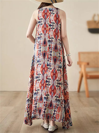 Vestido elegante con cuello redondo, estampado, holgado, estilo retro étnico, con tirantes grandes