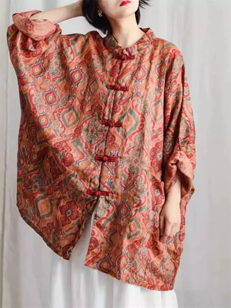 Retro Linen Coat with Floral Print and Chinese Knots