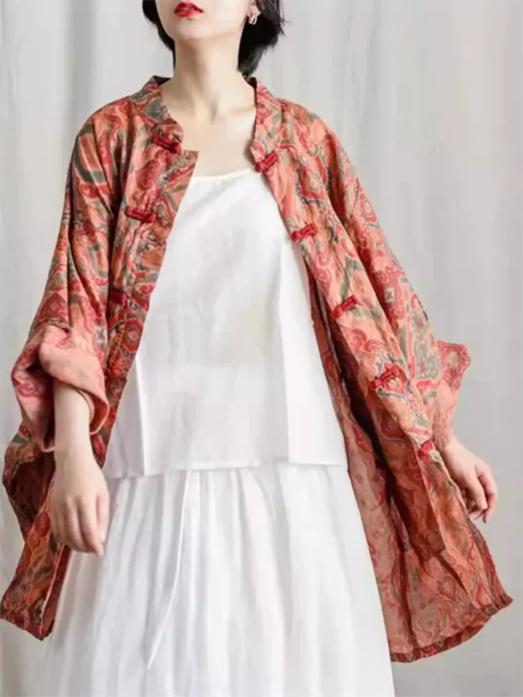 Retro Linen Coat with Floral Print and Chinese Knots