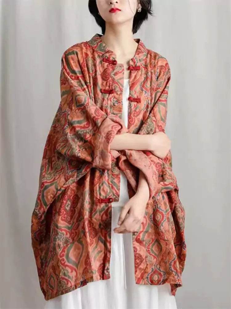 Retro Linen Coat with Floral Print and Chinese Knots