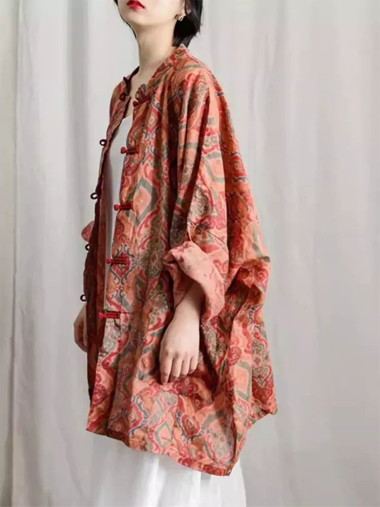 Retro Linen Coat with Floral Print and Chinese Knots