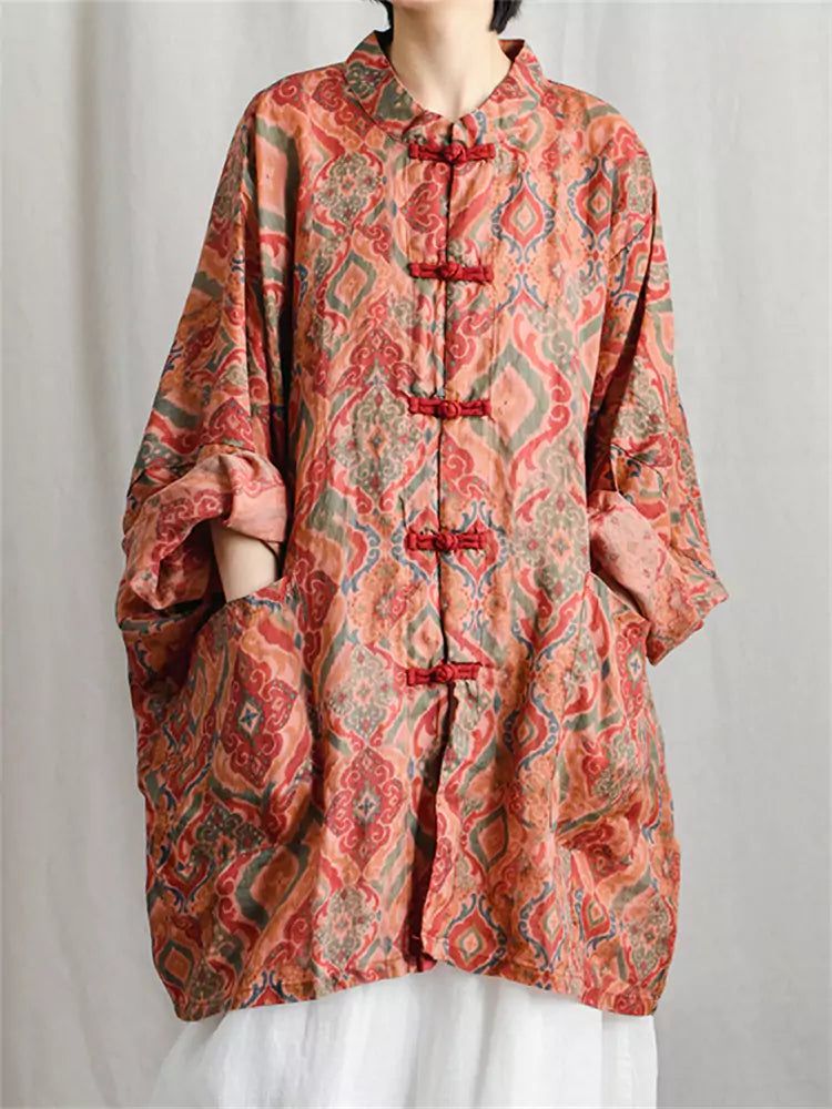 Retro Linen Coat with Floral Print and Chinese Knots