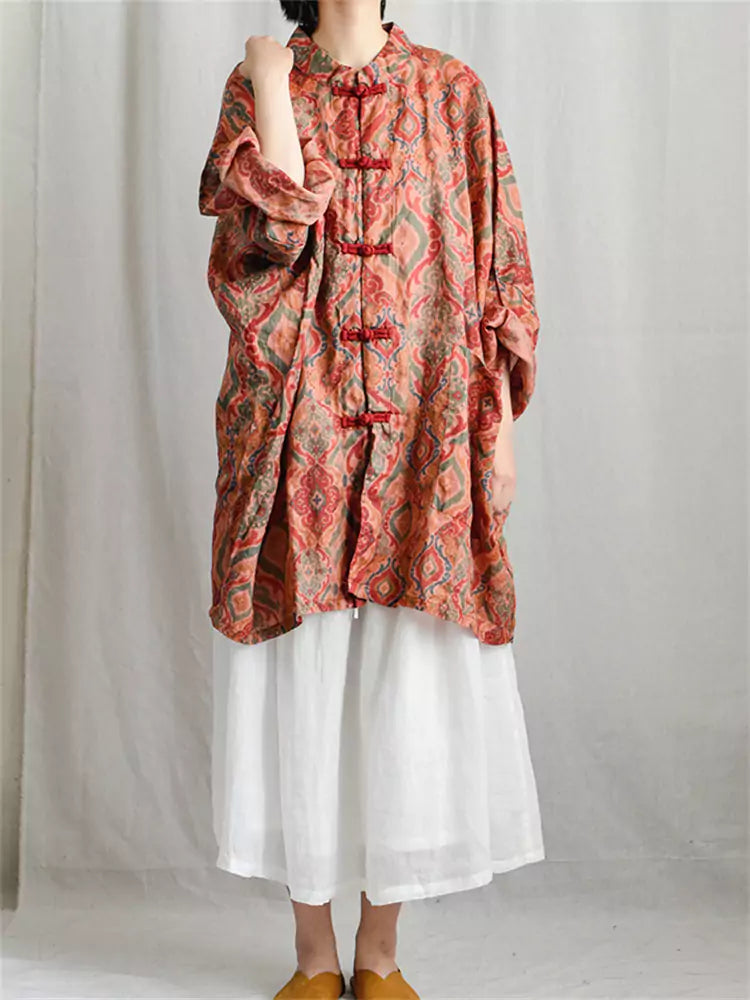 Retro Linen Coat with Floral Print and Chinese Knots