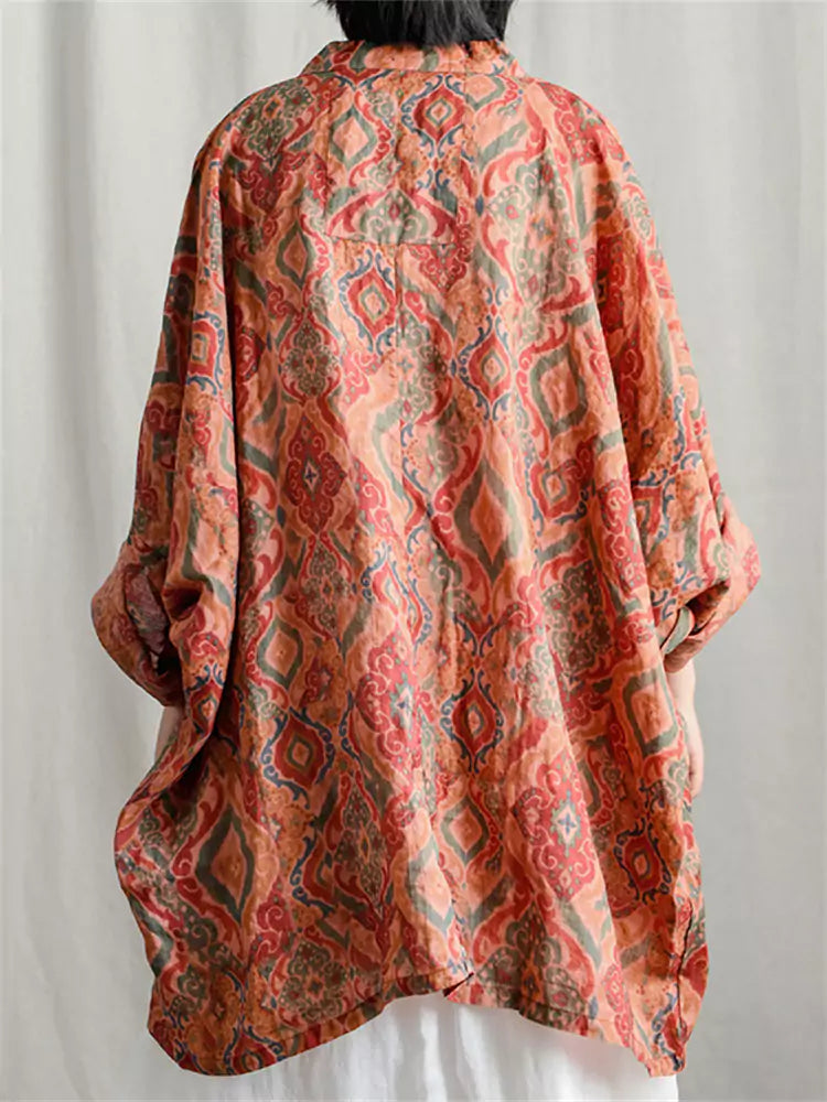 Retro Linen Coat with Floral Print and Chinese Knots