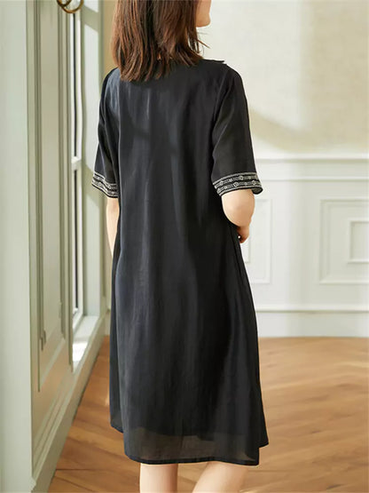 Retro Loose Embroidered Black A-Line Dress Short Sleeve