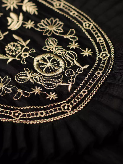 Retro Loose Embroidered Black A-Line Dress Short Sleeve