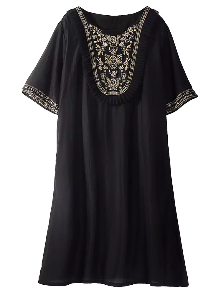 Retro Loose Embroidered Black A-Line Dress Short Sleeve