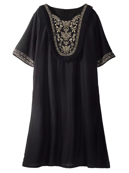Retro Loose Embroidered Black A-Line Dress Short Sleeve