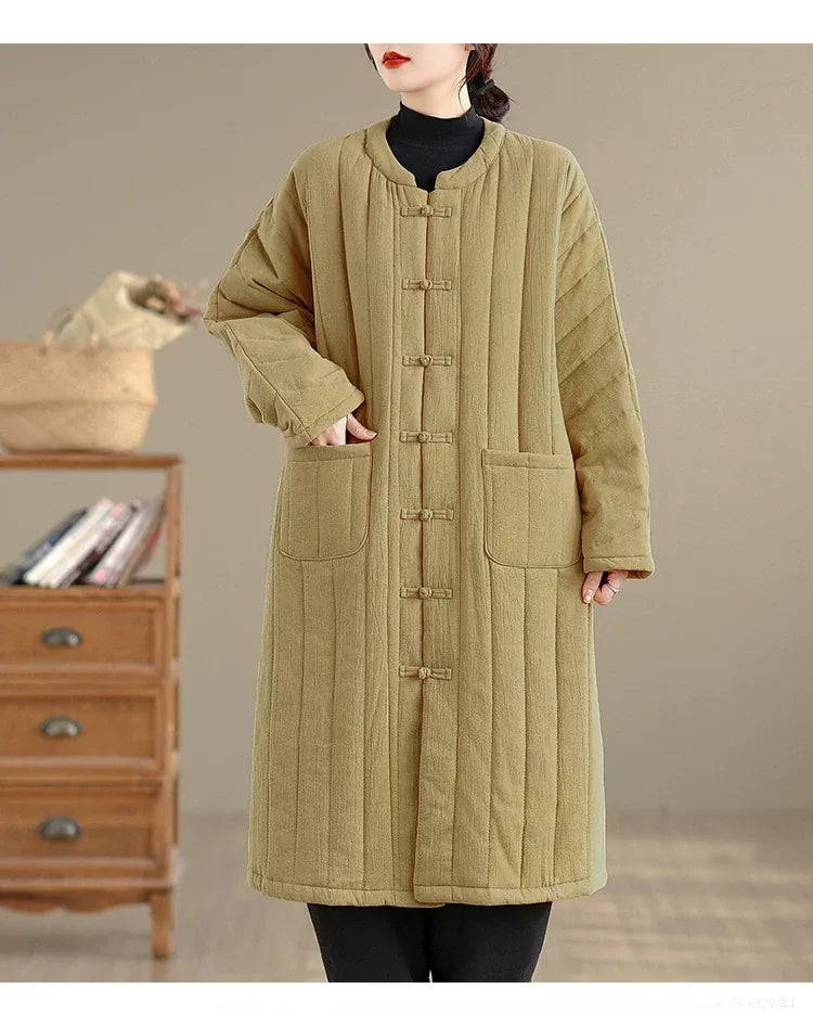 Retro Mandarin Collar Frog Button Quilted Padded Coat