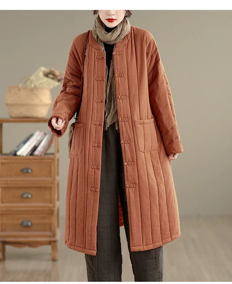 Retro Mandarin Collar Frog Button Quilted Padded Coat