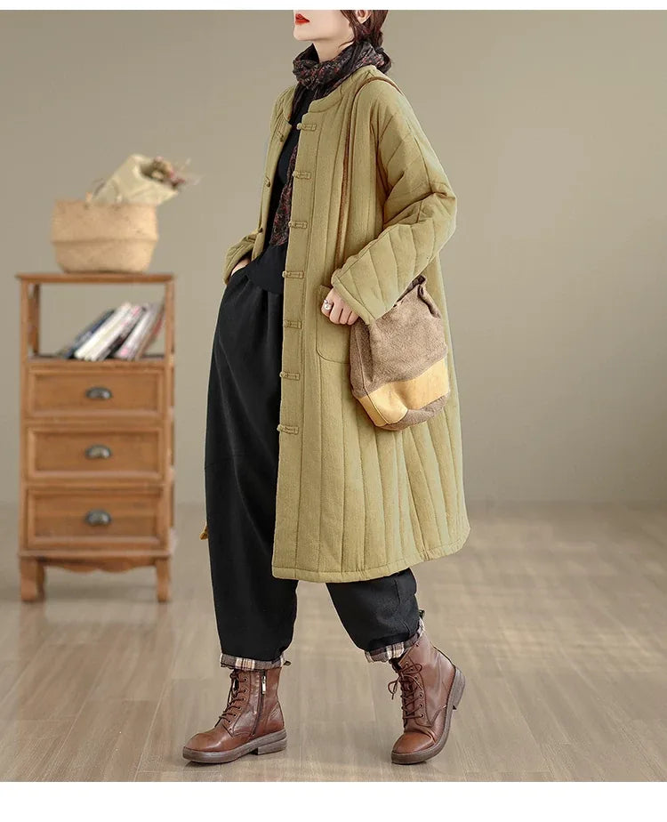 Retro Mandarin Collar Frog Button Quilted Padded Coat