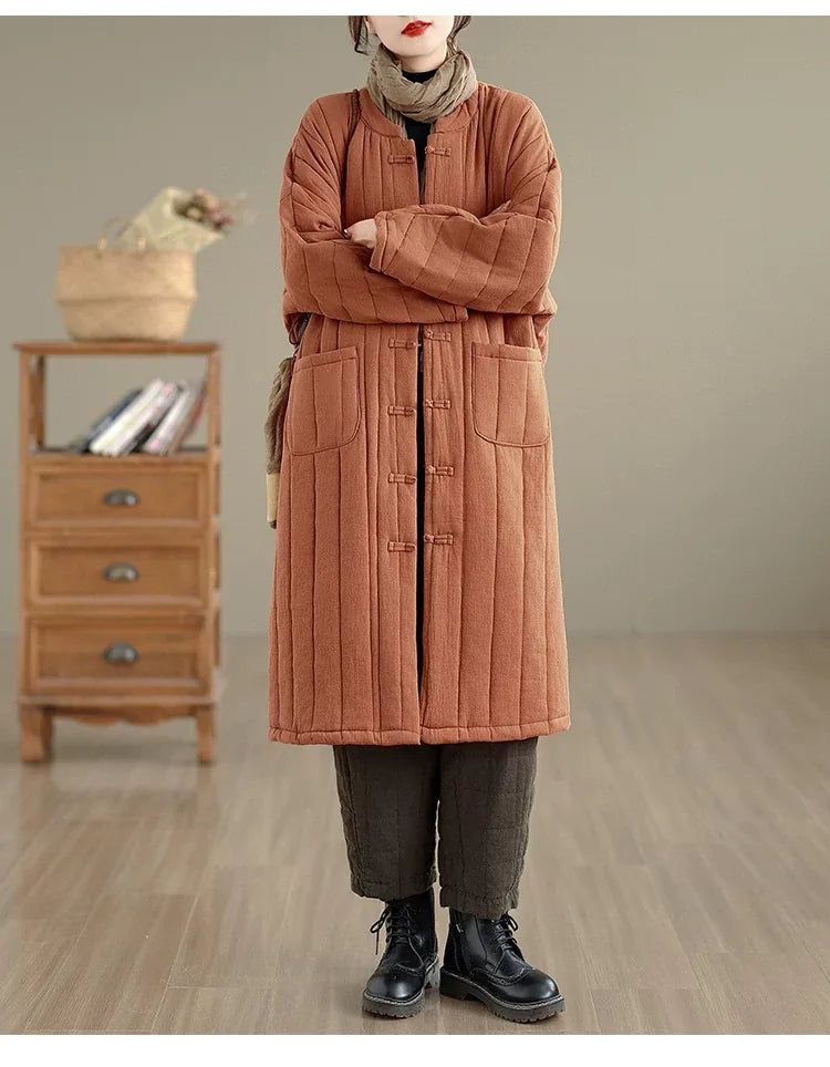 Retro Mandarin Collar Frog Button Quilted Padded Coat