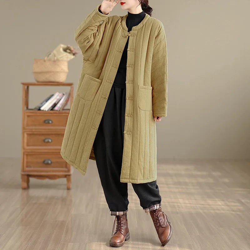 Retro Mandarin Collar Frog Button Quilted Padded Coat