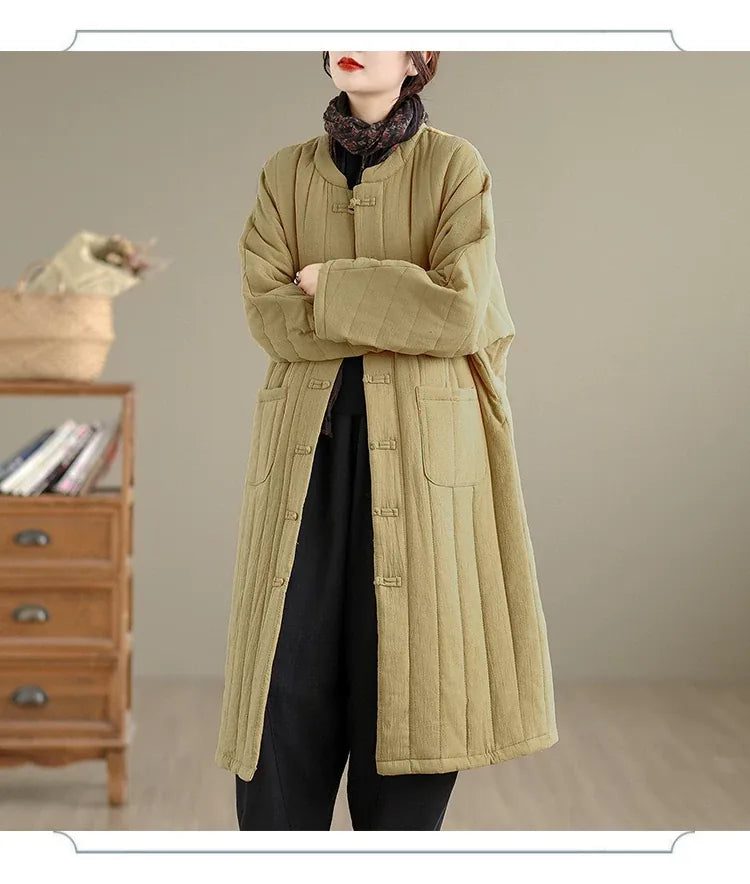 Retro Mandarin Collar Frog Button Quilted Padded Coat