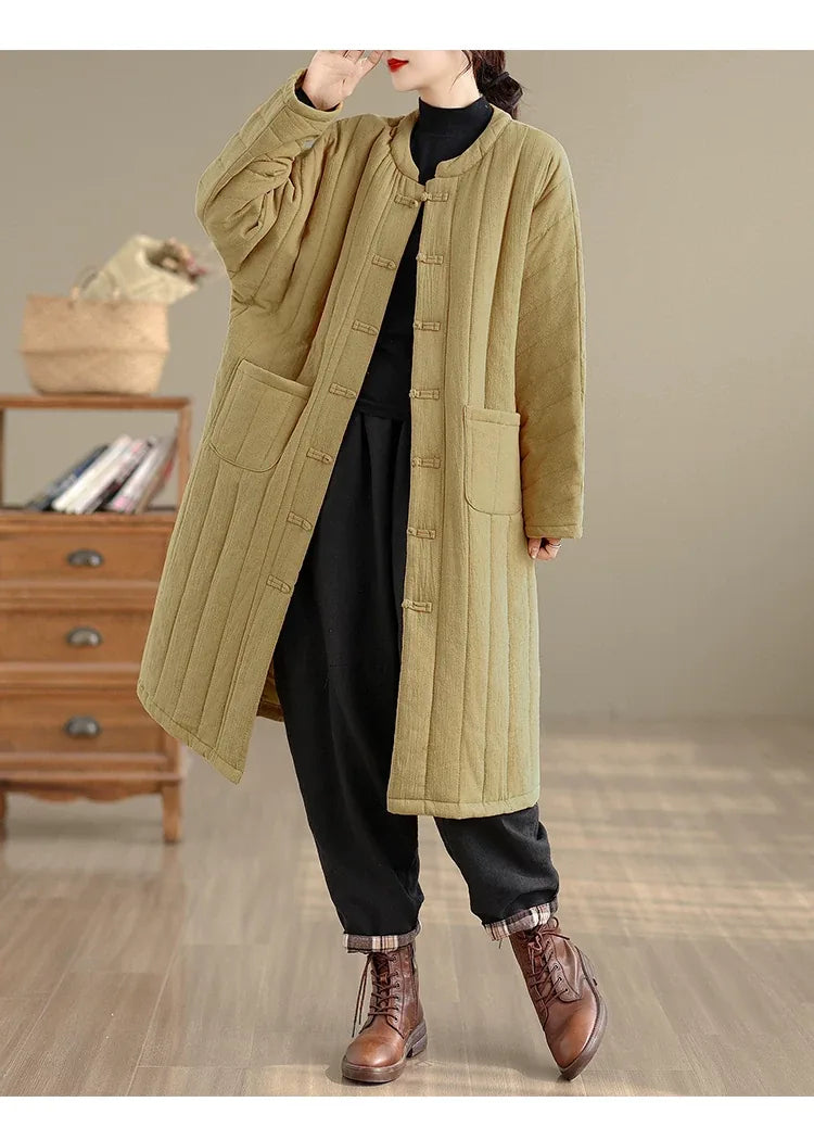 Retro Mandarin Collar Frog Button Quilted Padded Coat