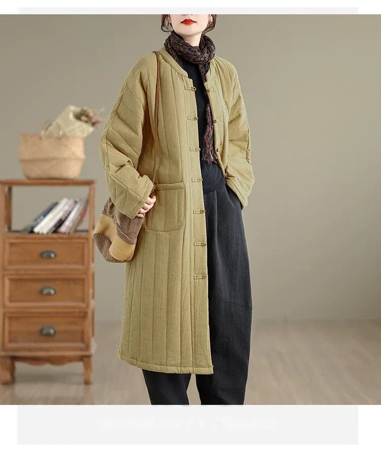Retro Mandarin Collar Frog Button Quilted Padded Coat