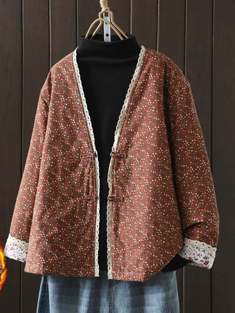 Retro Micro Floral Frog Button Padded Jacket