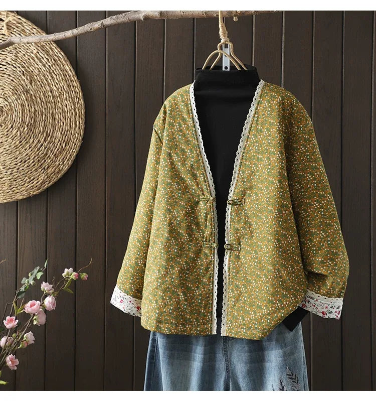 Retro Micro Floral Frog Button Padded Jacket