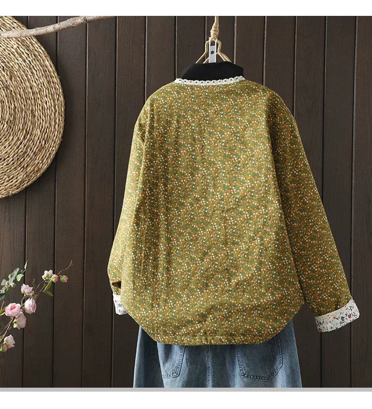 Retro Micro Floral Frog Button Padded Jacket
