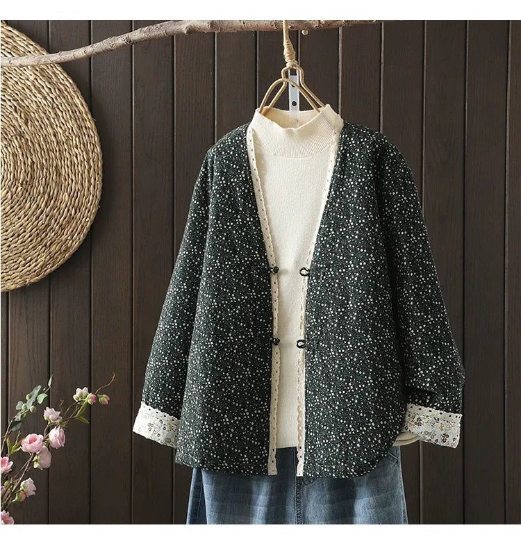 Retro Micro Floral Frog Button Padded Jacket