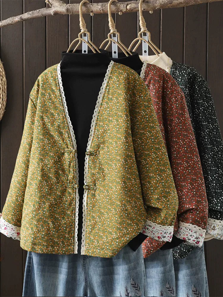 Retro Micro Floral Frog Button Padded Jacket