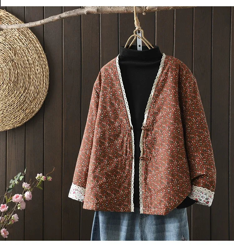 Retro Micro Floral Frog Button Padded Jacket