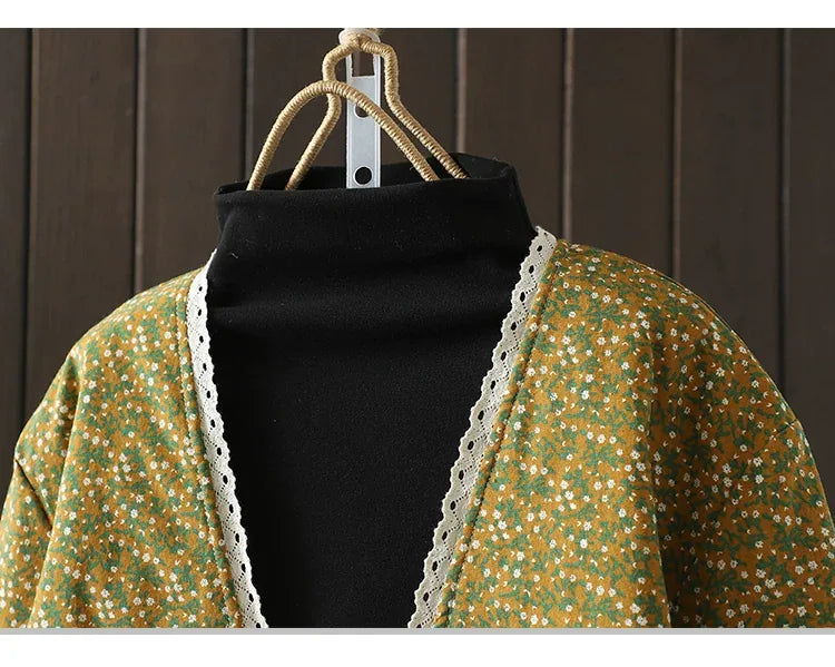Retro Micro Floral Frog Button Padded Jacket
