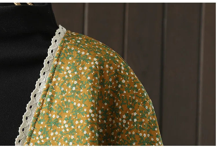 Retro Micro Floral Frog Button Padded Jacket