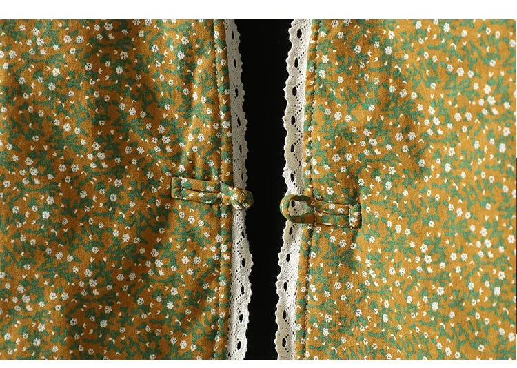 Retro Micro Floral Frog Button Padded Jacket