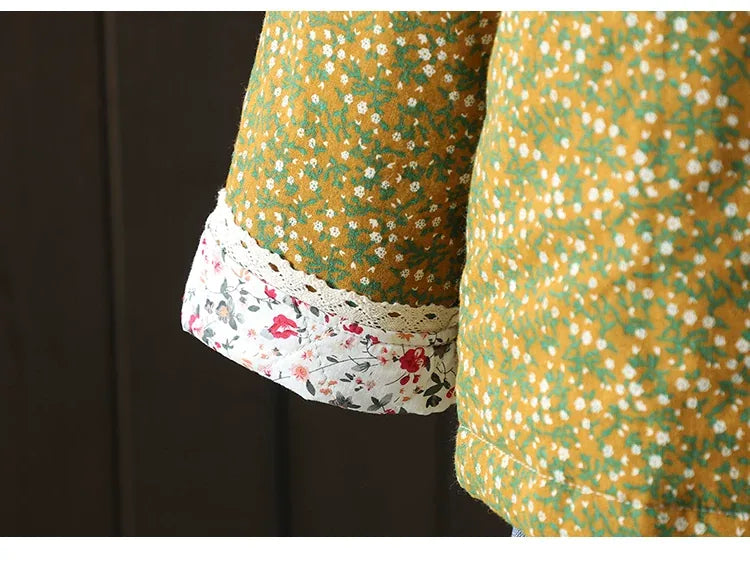 Retro Micro Floral Frog Button Padded Jacket