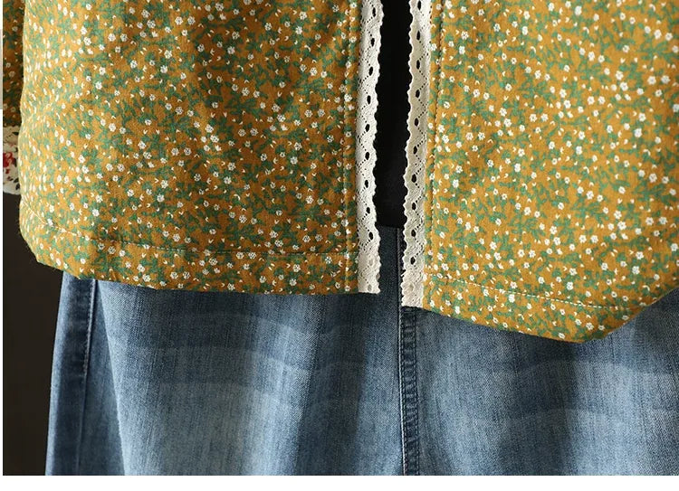 Retro Micro Floral Frog Button Padded Jacket